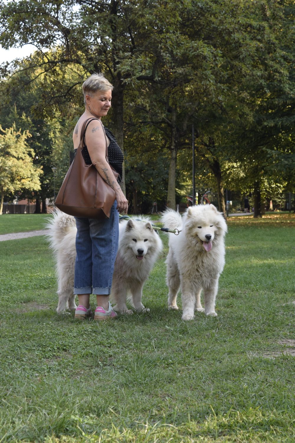 Woman walking two fluffy white dogs in a park
